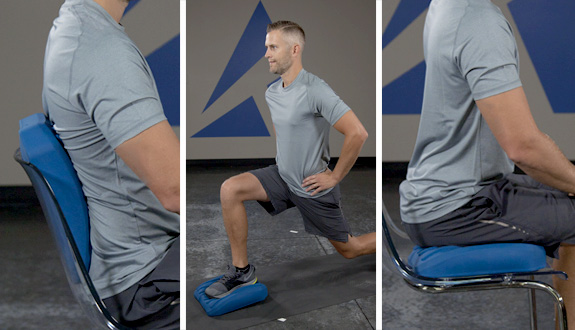 Core Restore cushion used as a balance trainer during a squat and as a seat cushion