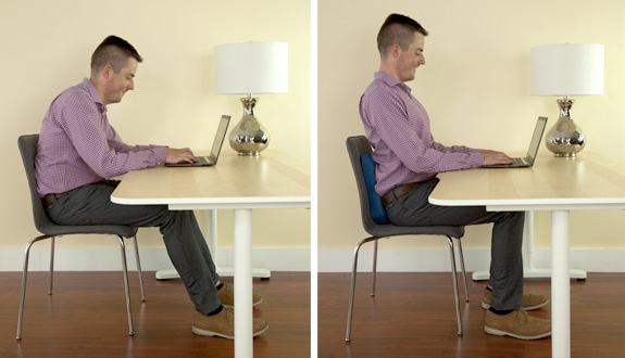 Slouched posture at a desk beside upright posture supported by the Core Restore cushion